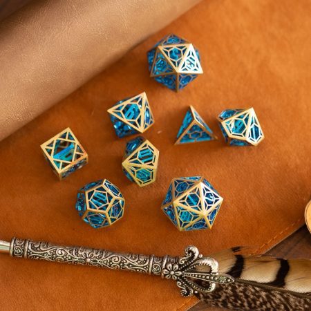 hollow metal dice rpg set gold blue dnd